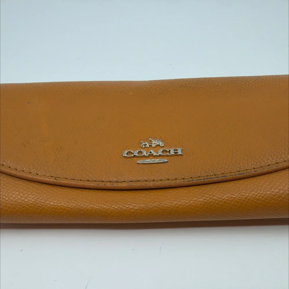Coach Tan Pebbled Leather Signature Canvas Flap Wallet